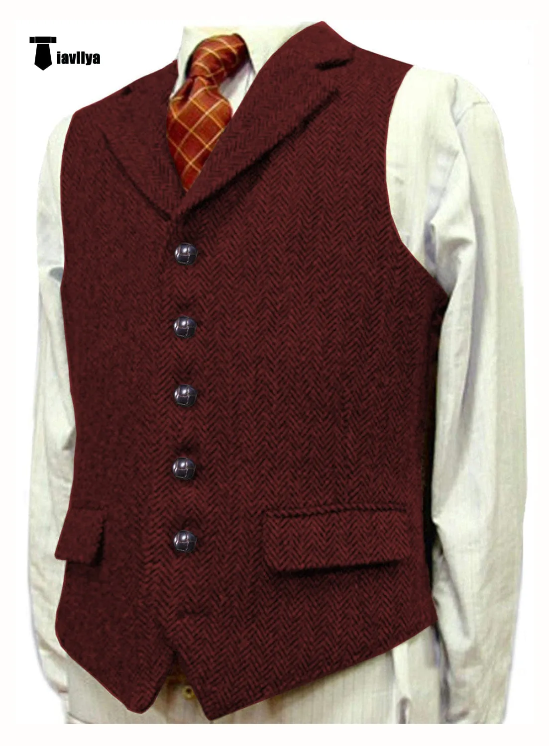 Vintage Classical Men's Classic Tweed Herringbone Notch Lapel Waistcoat