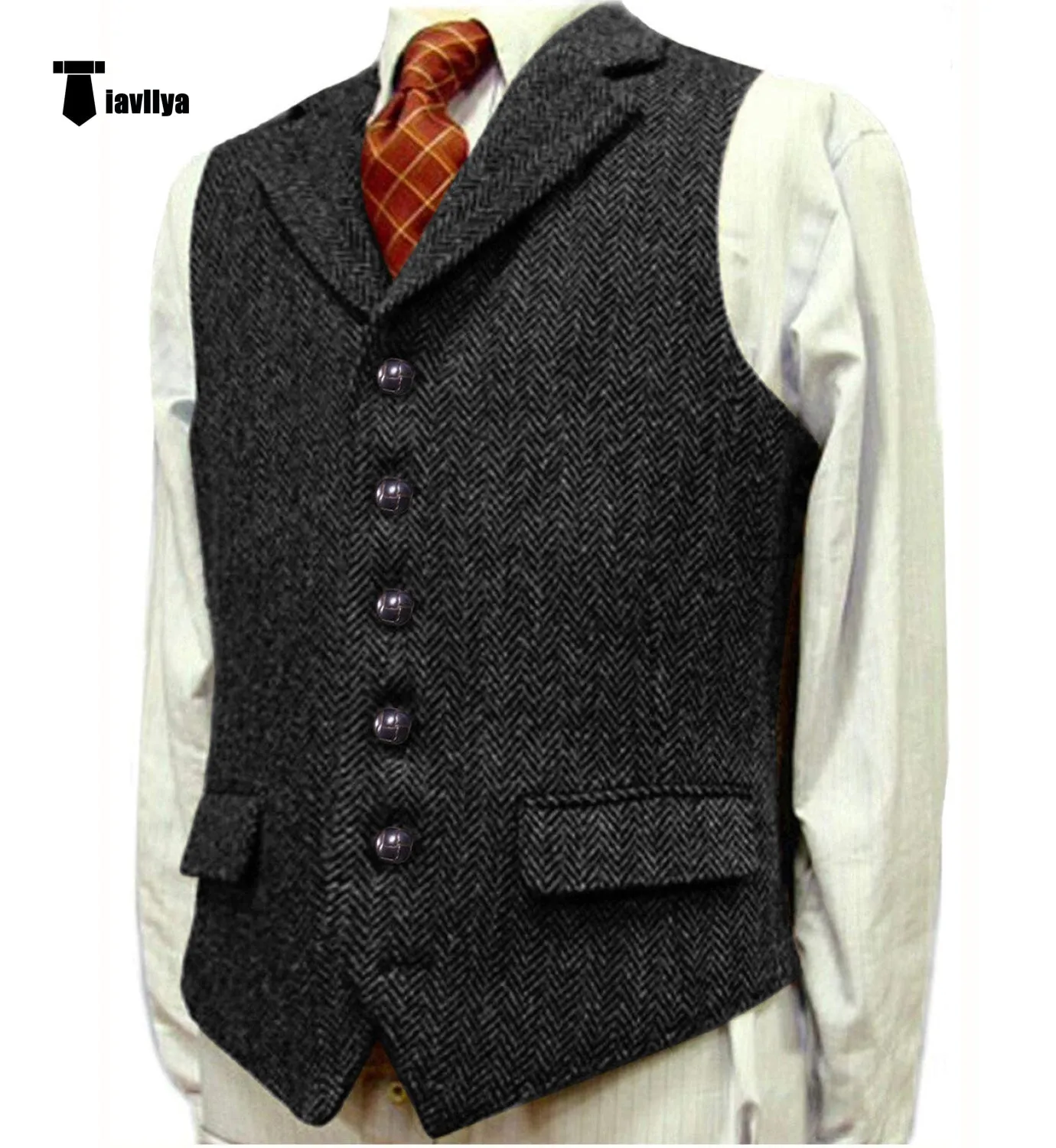 Vintage Classical Men's Classic Tweed Herringbone Notch Lapel Waistcoat