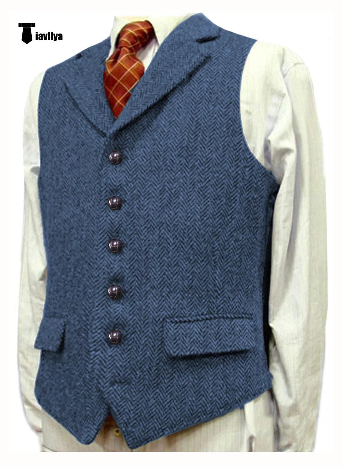 Vintage Classical Men's Classic Tweed Herringbone Notch Lapel Waistcoat