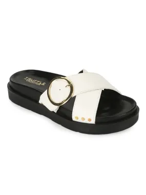 White PU Crisscross Side Buckle Slides