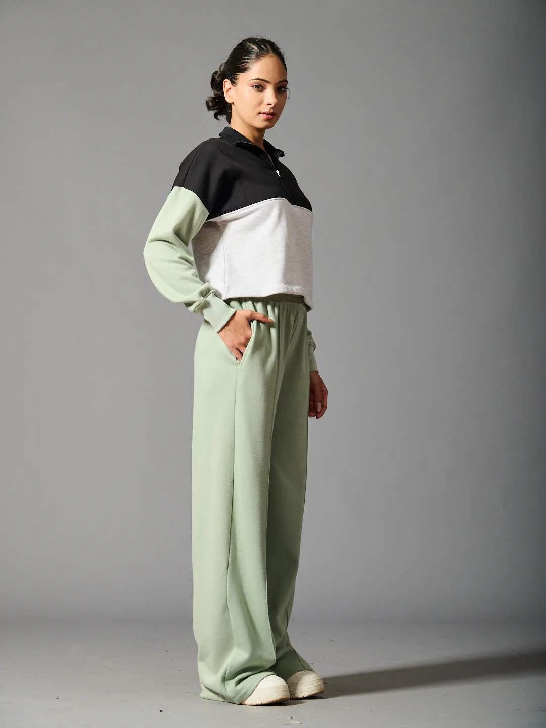 Willows Colourblock  Half Zipper With Flared Jogger Pants