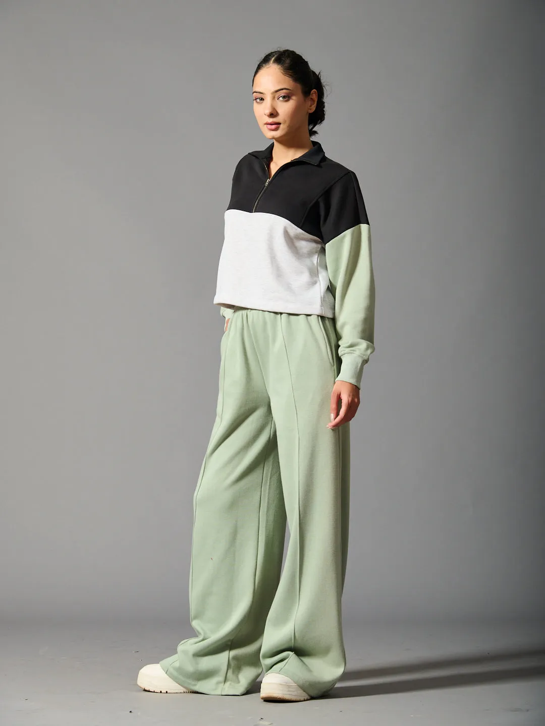 Willows Colourblock  Half Zipper With Flared Jogger Pants