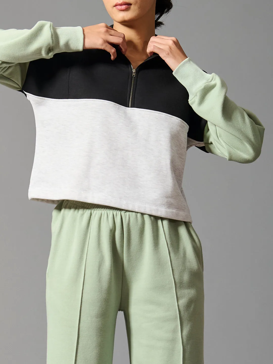 Willows Colourblock  Half Zipper With Flared Jogger Pants