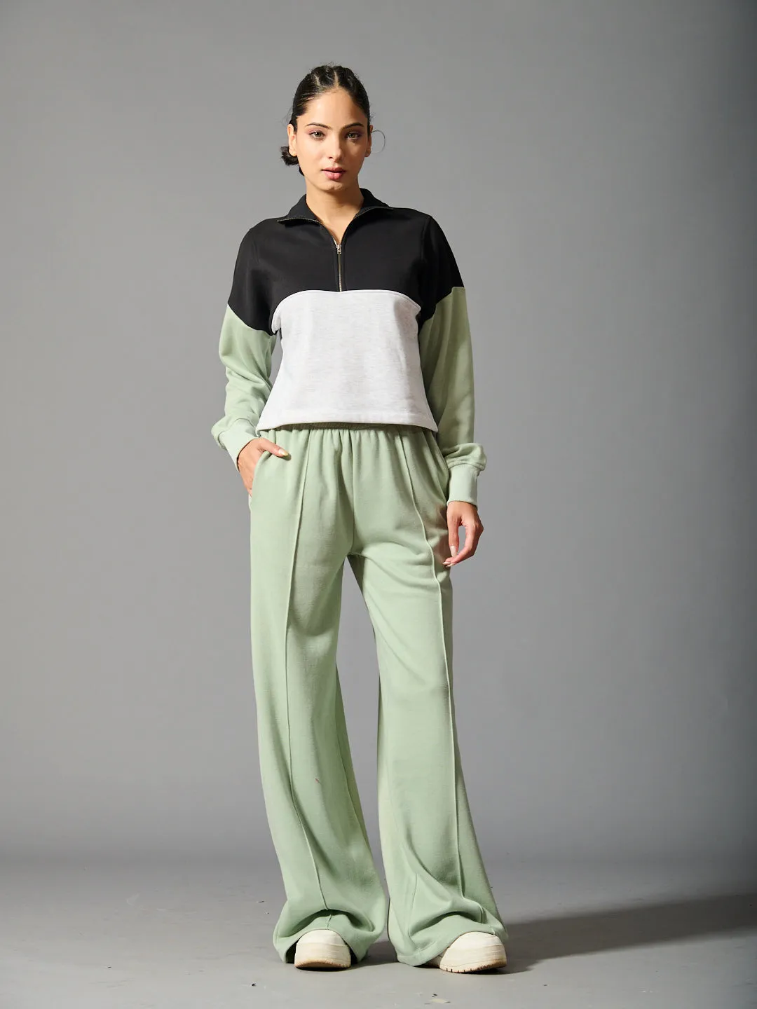 Willows Colourblock  Half Zipper With Flared Jogger Pants