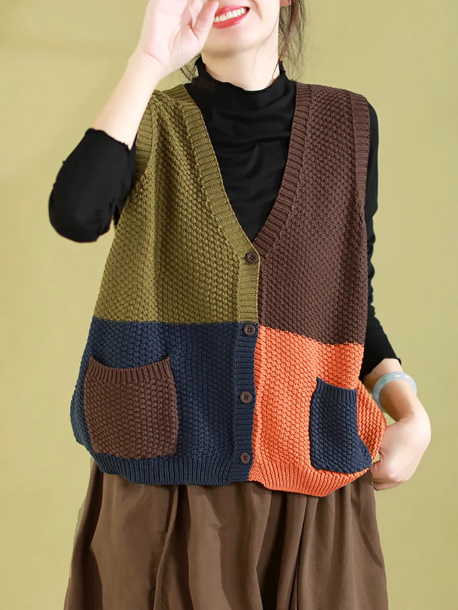 Women Autumn Colorblock Knitted V-Neck Vest CV1029