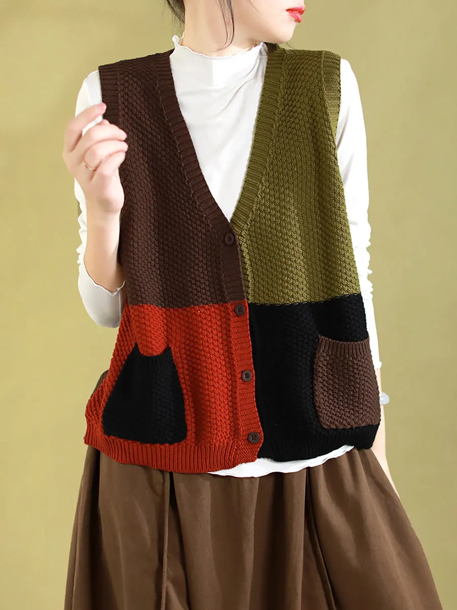 Women Autumn Colorblock Knitted V-Neck Vest CV1029