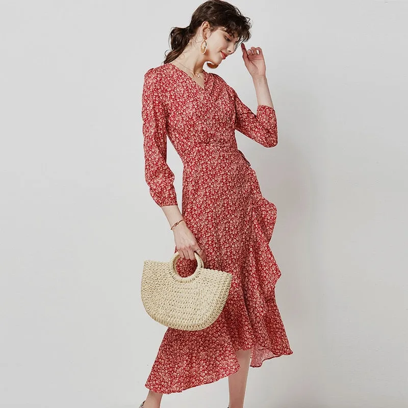 Women Boho Floral Print Casual Long Wrap Dress