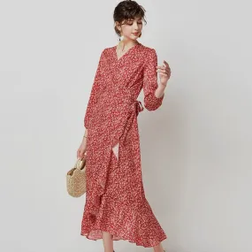 Women Boho Floral Print Casual Long Wrap Dress