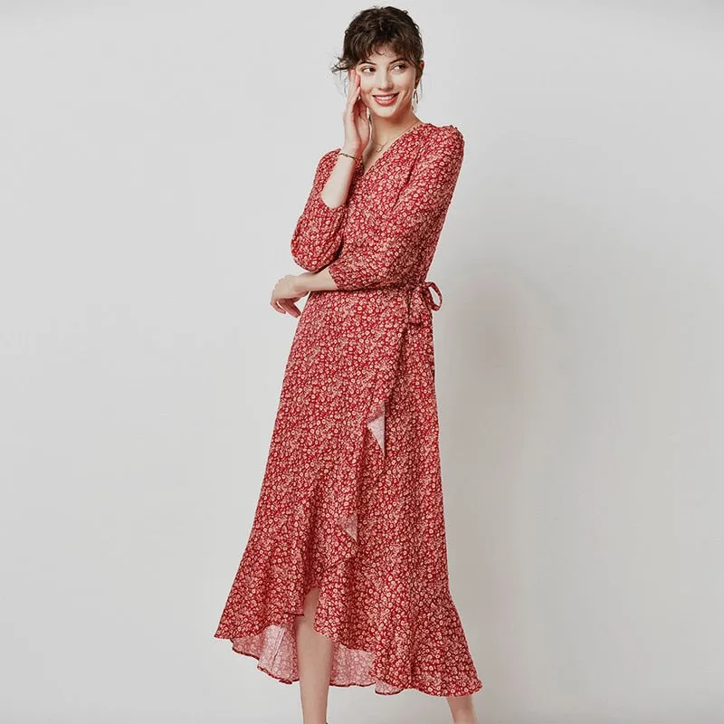 Women Boho Floral Print Casual Long Wrap Dress