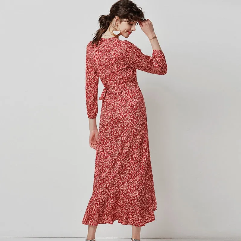 Women Boho Floral Print Casual Long Wrap Dress