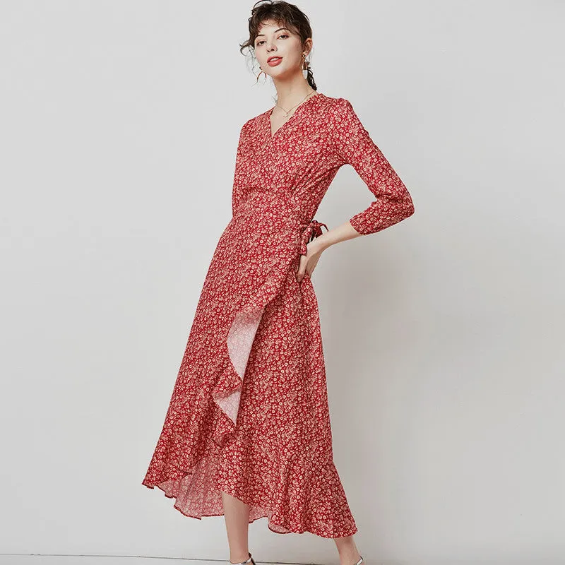 Women Boho Floral Print Casual Long Wrap Dress