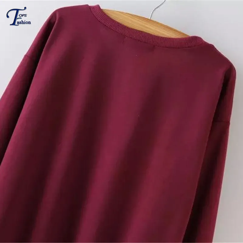 Women Clothing 2016 New Arrivals Casual Pullovers High Street Burgundy Round Neck Long Sleeve Letters Print Sweatshirt