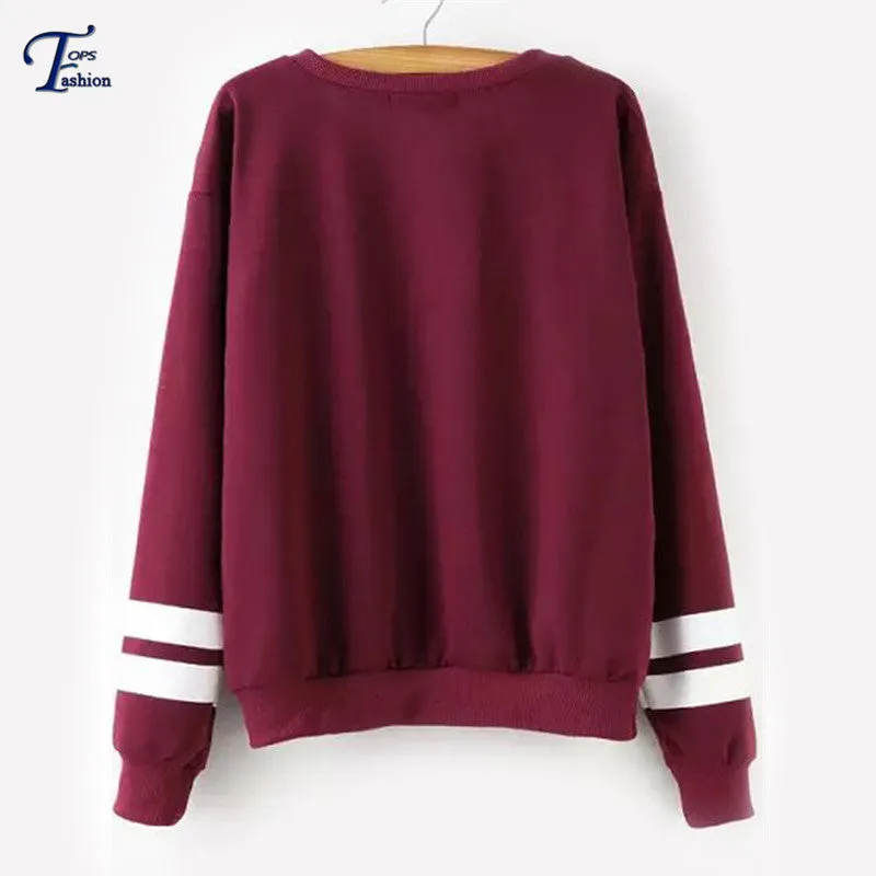 Women Clothing 2016 New Arrivals Casual Pullovers High Street Burgundy Round Neck Long Sleeve Letters Print Sweatshirt