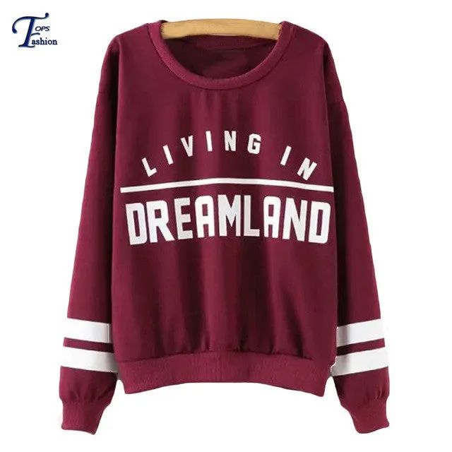 Women Clothing 2016 New Arrivals Casual Pullovers High Street Burgundy Round Neck Long Sleeve Letters Print Sweatshirt