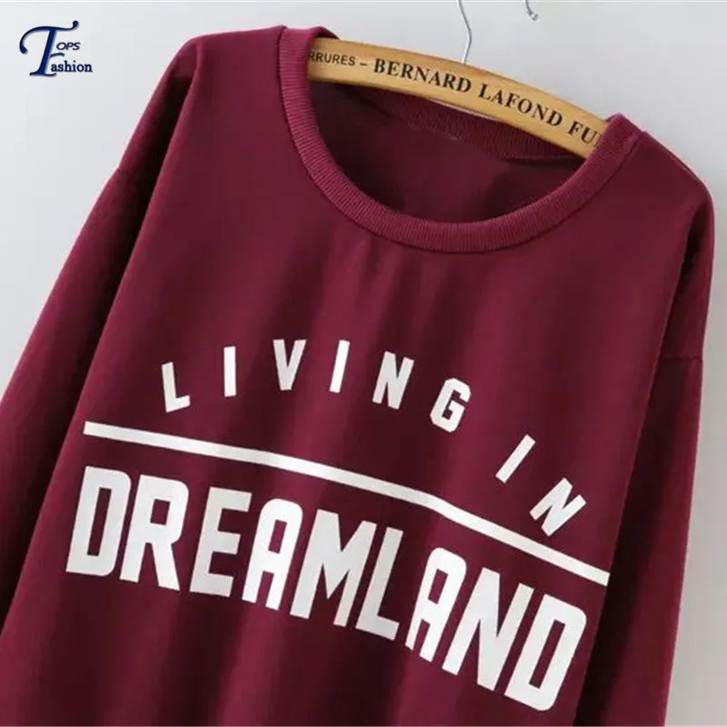 Women Clothing 2016 New Arrivals Casual Pullovers High Street Burgundy Round Neck Long Sleeve Letters Print Sweatshirt