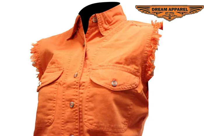 Women Orange Denim Sleeveless Shirt with Buttons