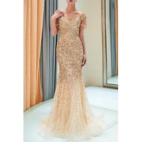 Women Sequin Covered Short Sleeve Mermaid Wedding Dress - C13451