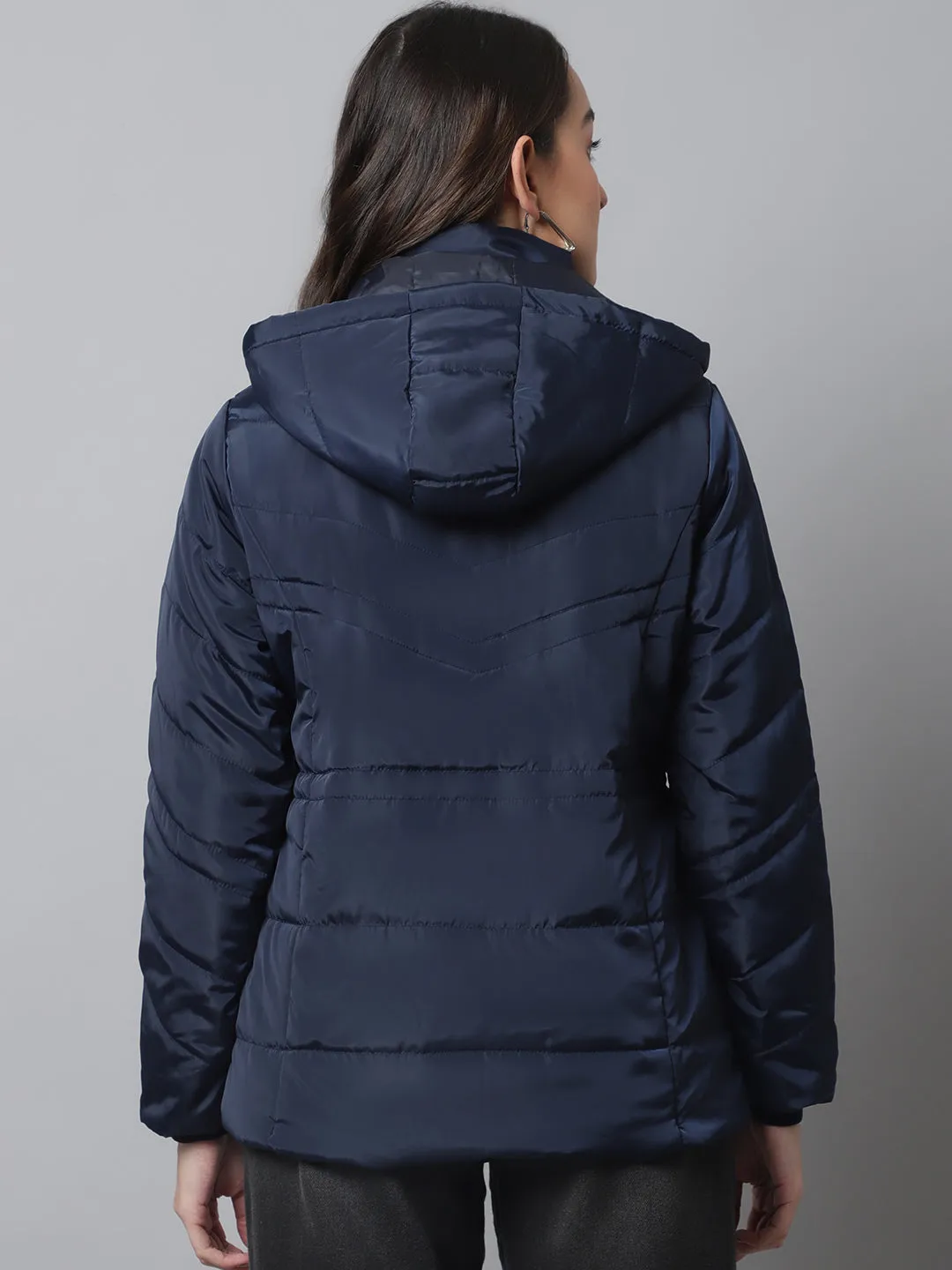 Women's Casual  Navy Blue Quilted Detachable Hood Jacket