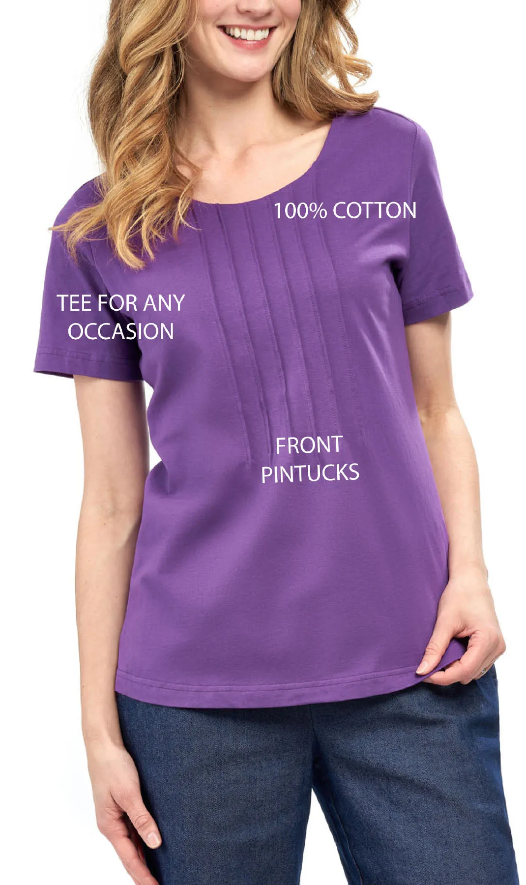 Women's Pintuck Short Sleeve Knit Tee– A Casual Favorite Goes Uptown