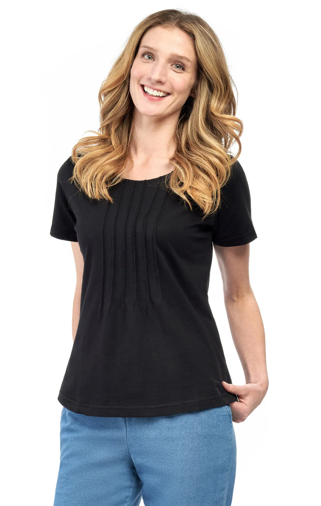 Women's Pintuck Short Sleeve Knit Tee– A Casual Favorite Goes Uptown