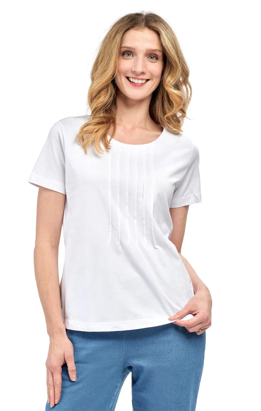 Women's Pintuck Short Sleeve Knit Tee– A Casual Favorite Goes Uptown