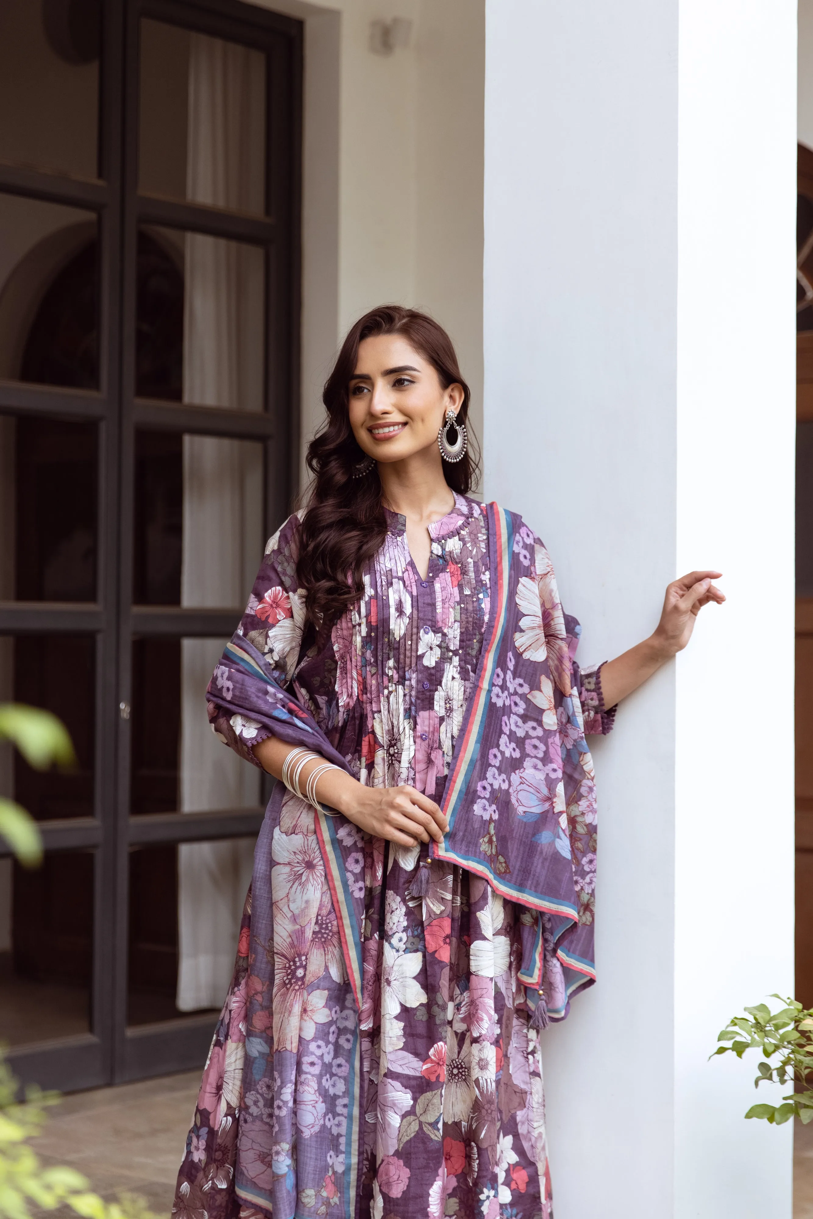 Women's Purple cotton Kurta Pant and Dupatta Set