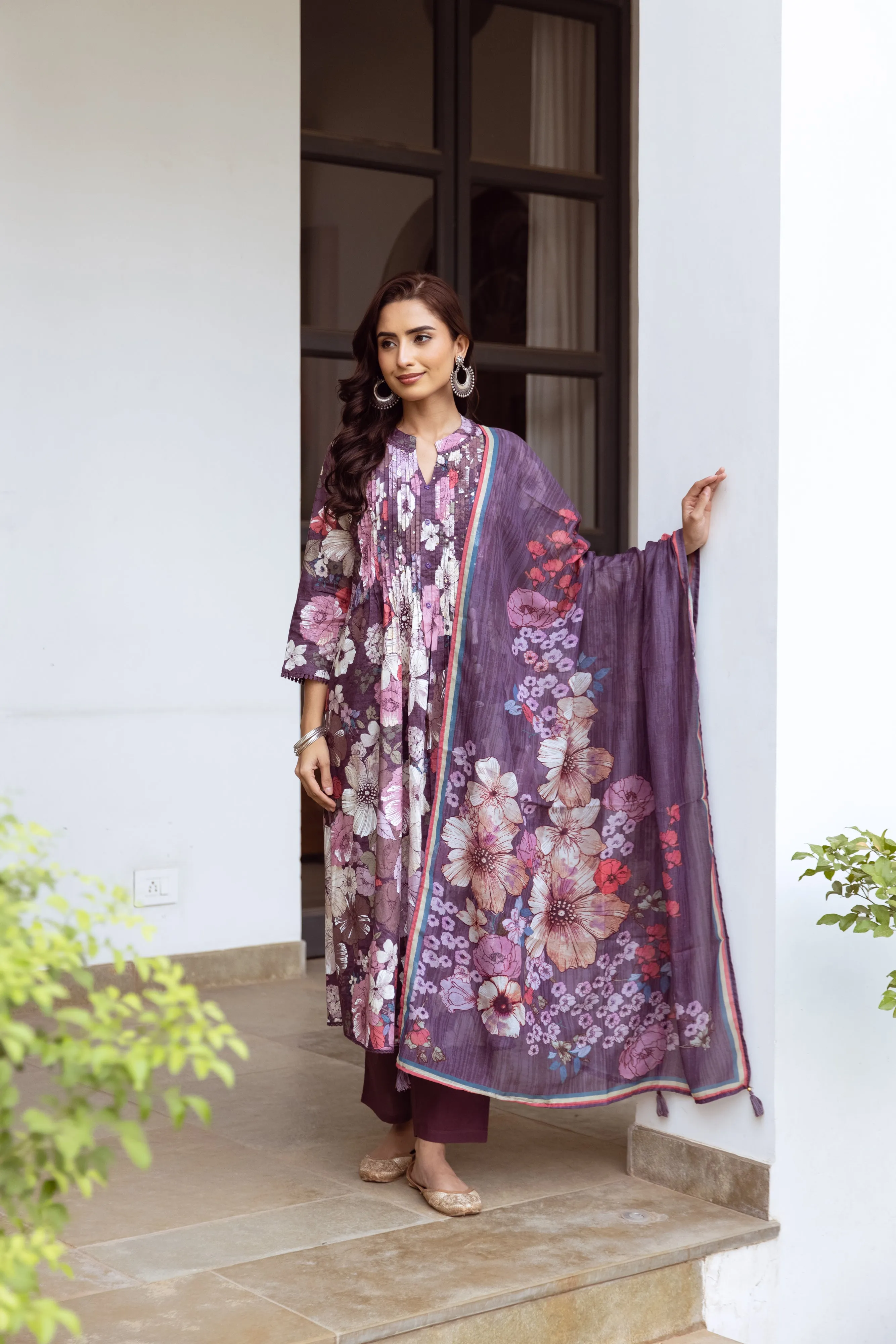 Women's Purple cotton Kurta Pant and Dupatta Set