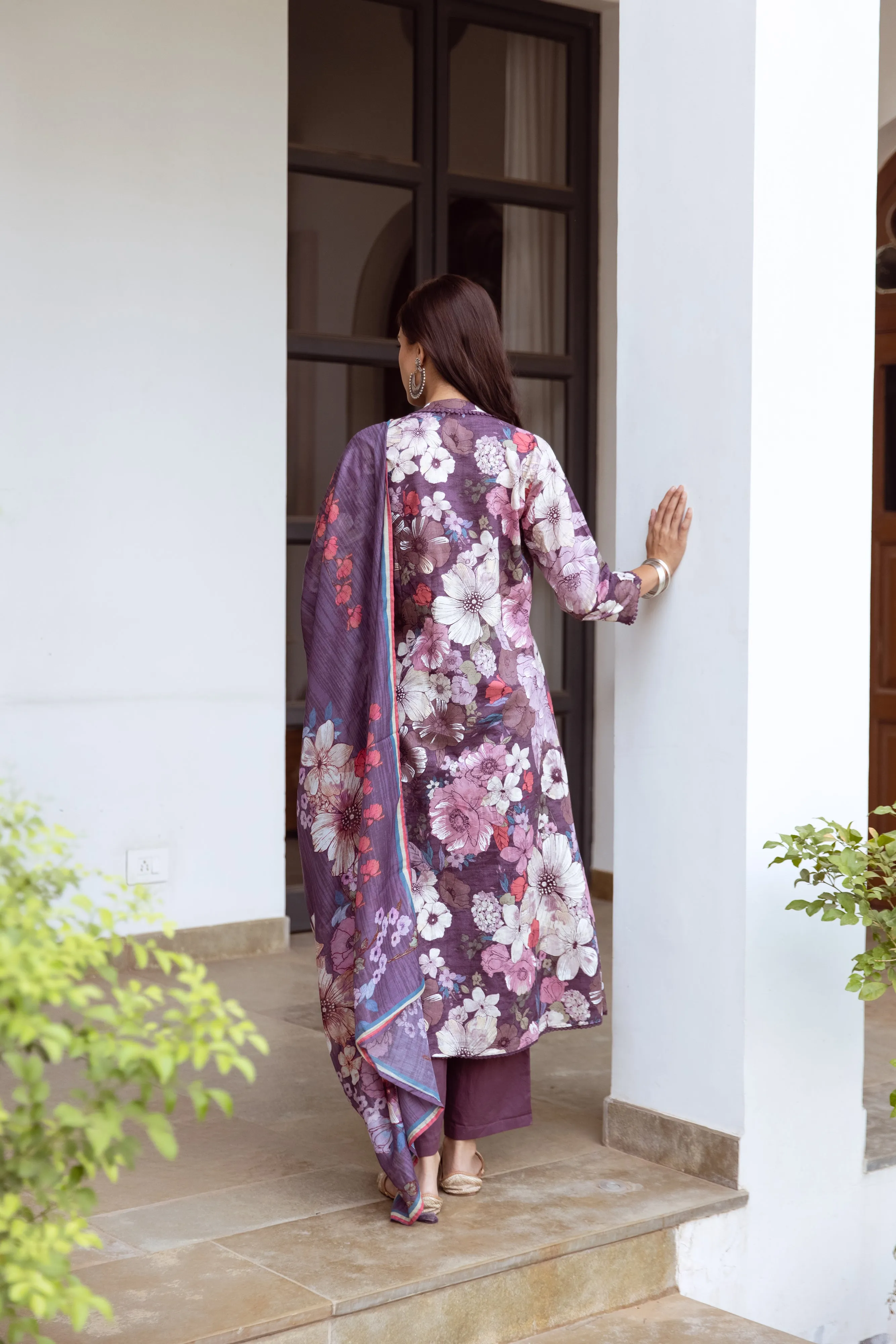 Women's Purple cotton Kurta Pant and Dupatta Set