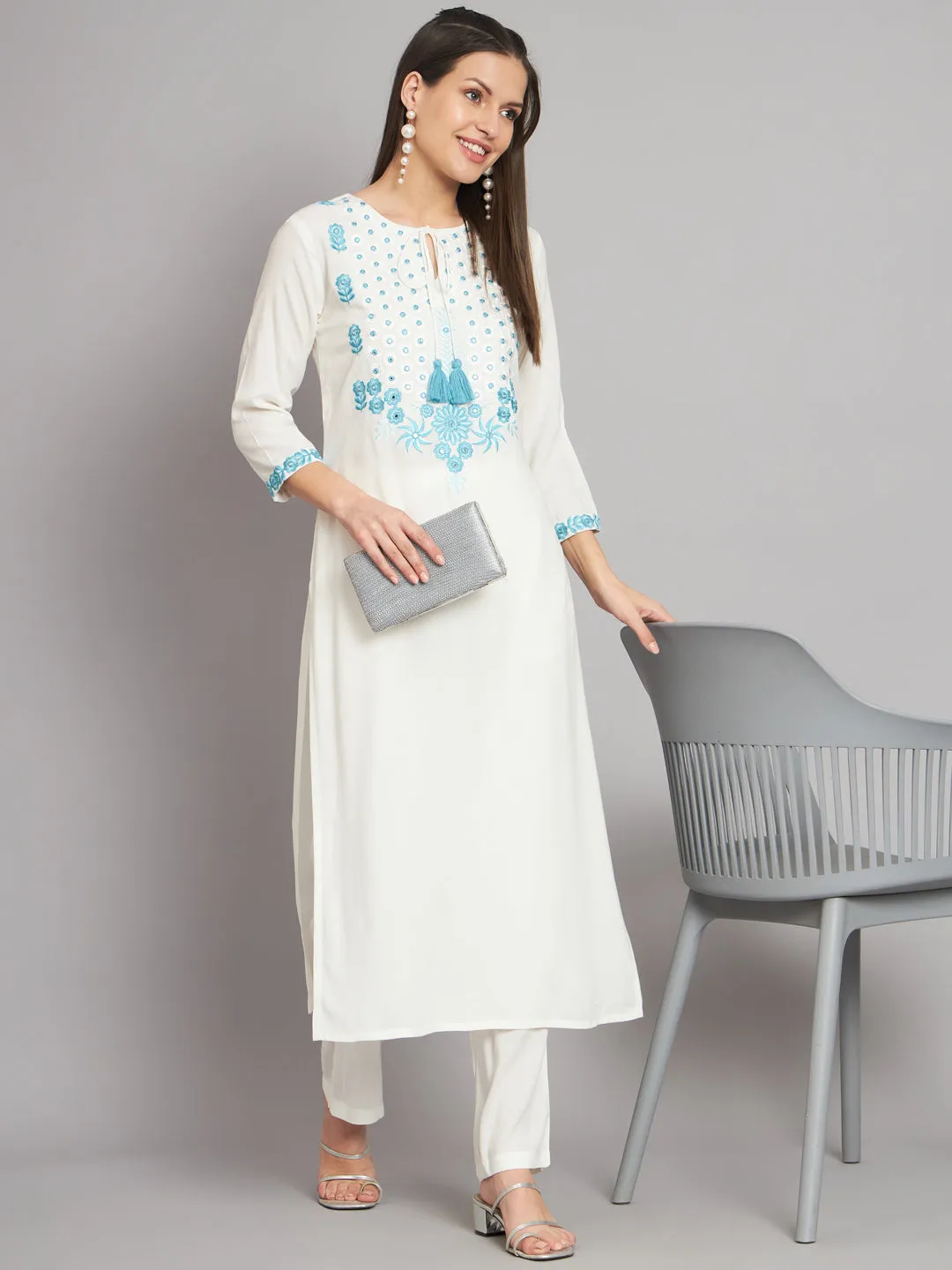 Women's Rayon White Straight Kurta and Palazzo