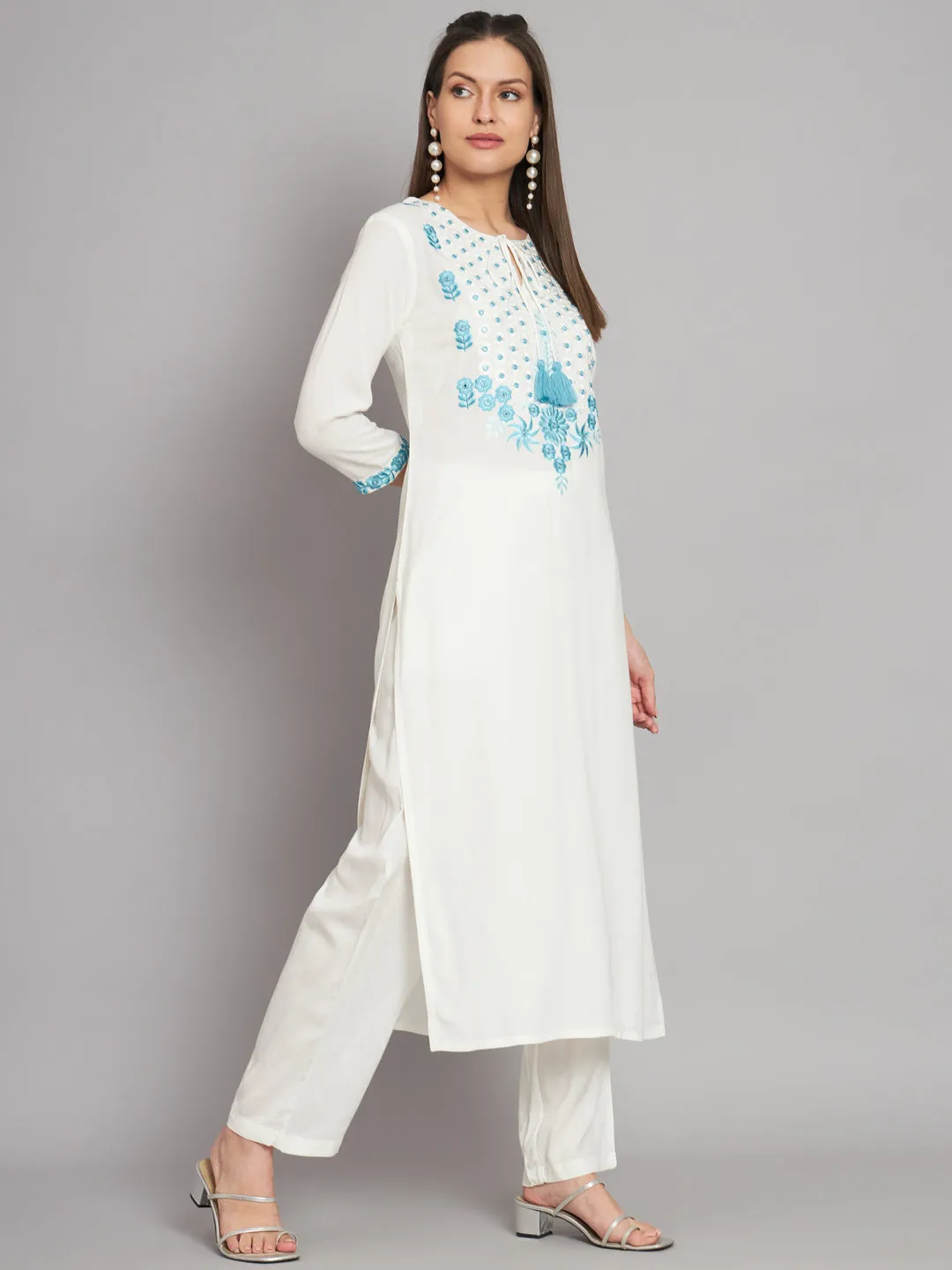 Women's Rayon White Straight Kurta and Palazzo