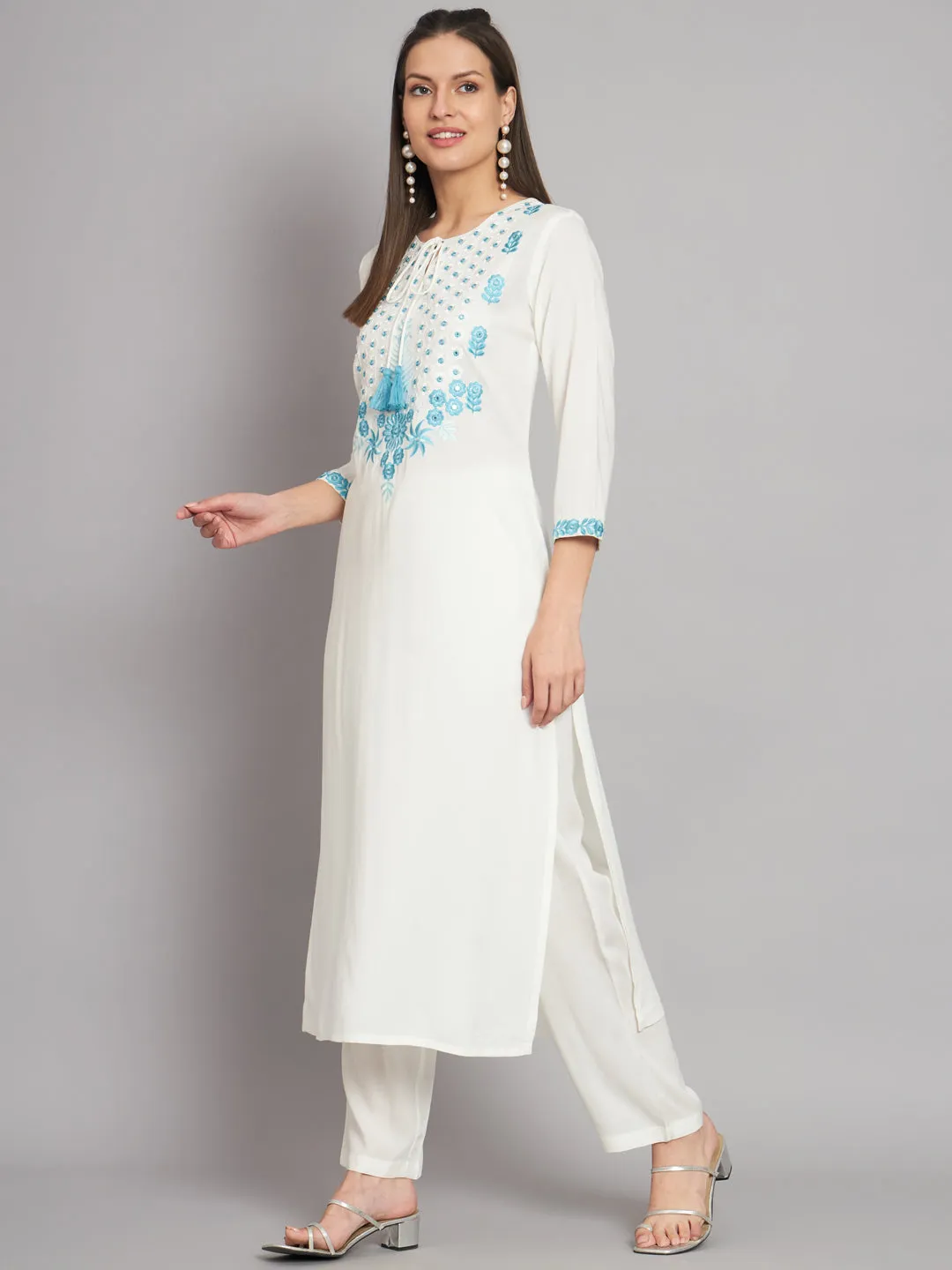 Women's Rayon White Straight Kurta and Palazzo