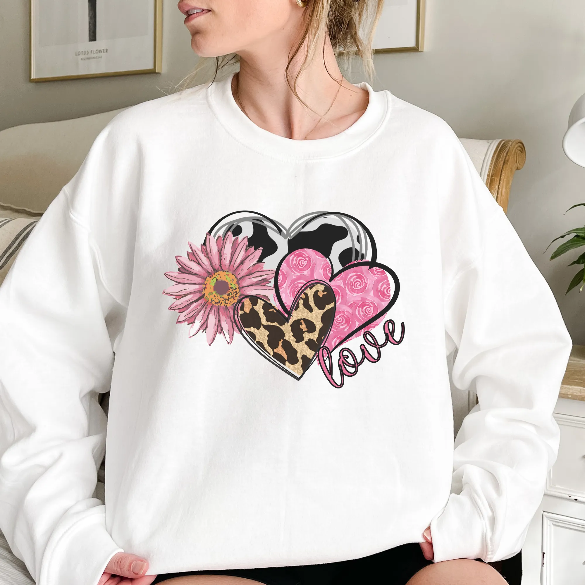 Women's Valentine's Day Unisex-Size Crewneck Pink or White Sweatshirt Spring Pullover Gift Cow Hide Hearts and Flowers