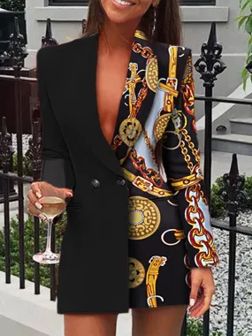 xakxx Women Autumn Fashion Chain Print Long Sleeve Blazer Dress Office Lady Work Dress