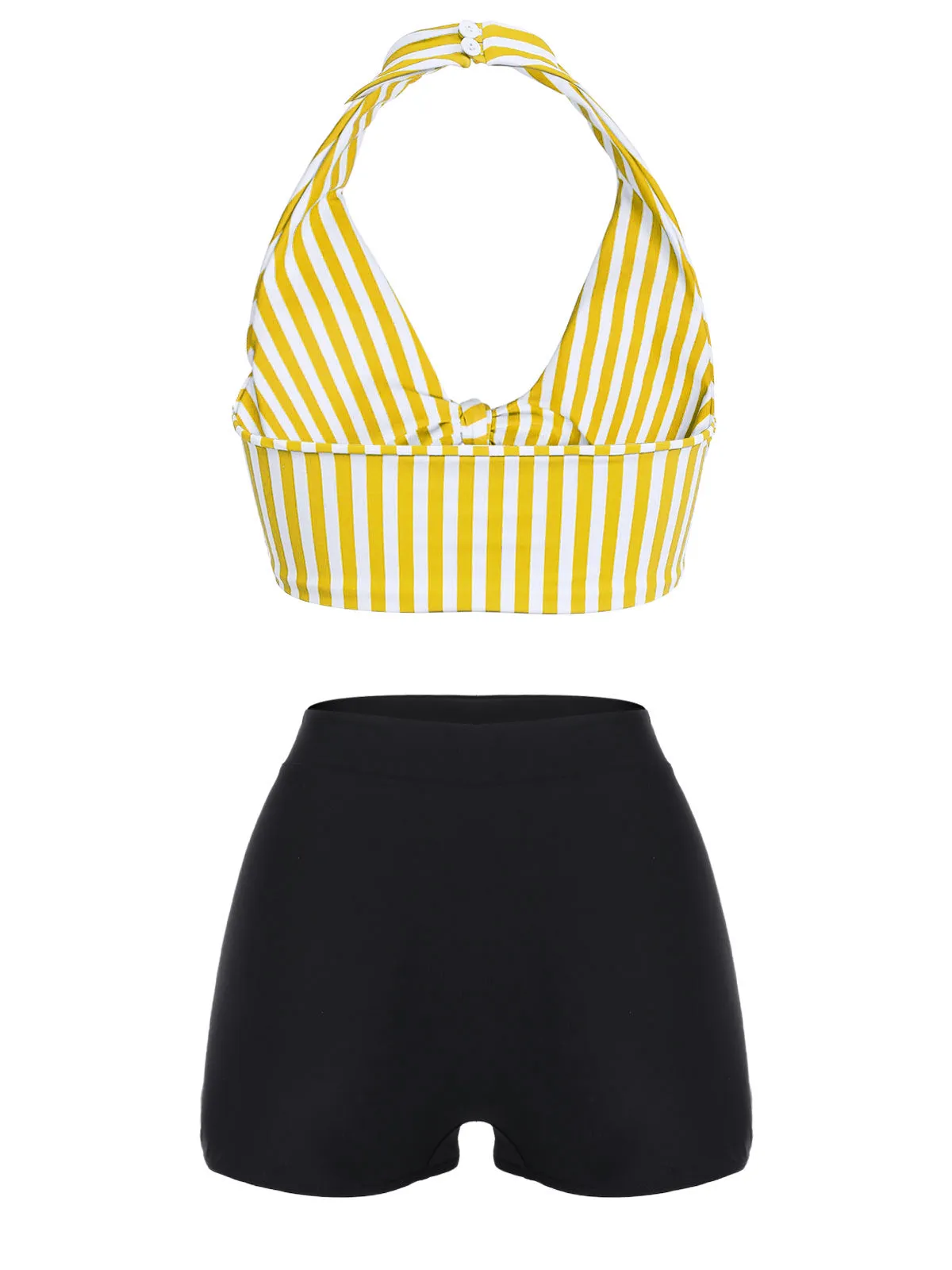 Yellow 1950s Retro Halter Stripes Bikini Set