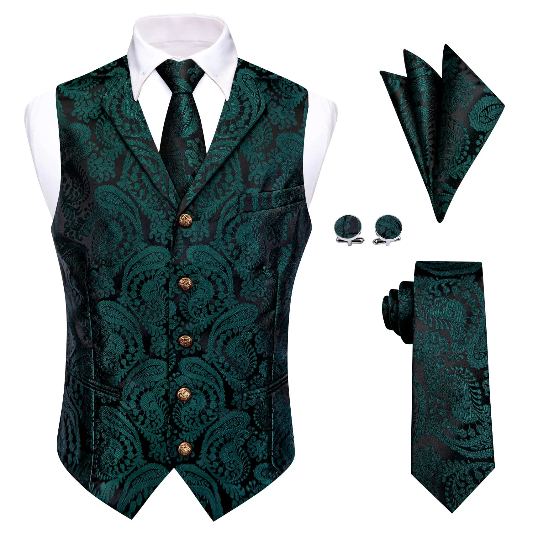 YourTies Black Green Paisley Wedding Waistcoat Silk Vest Necktie Set