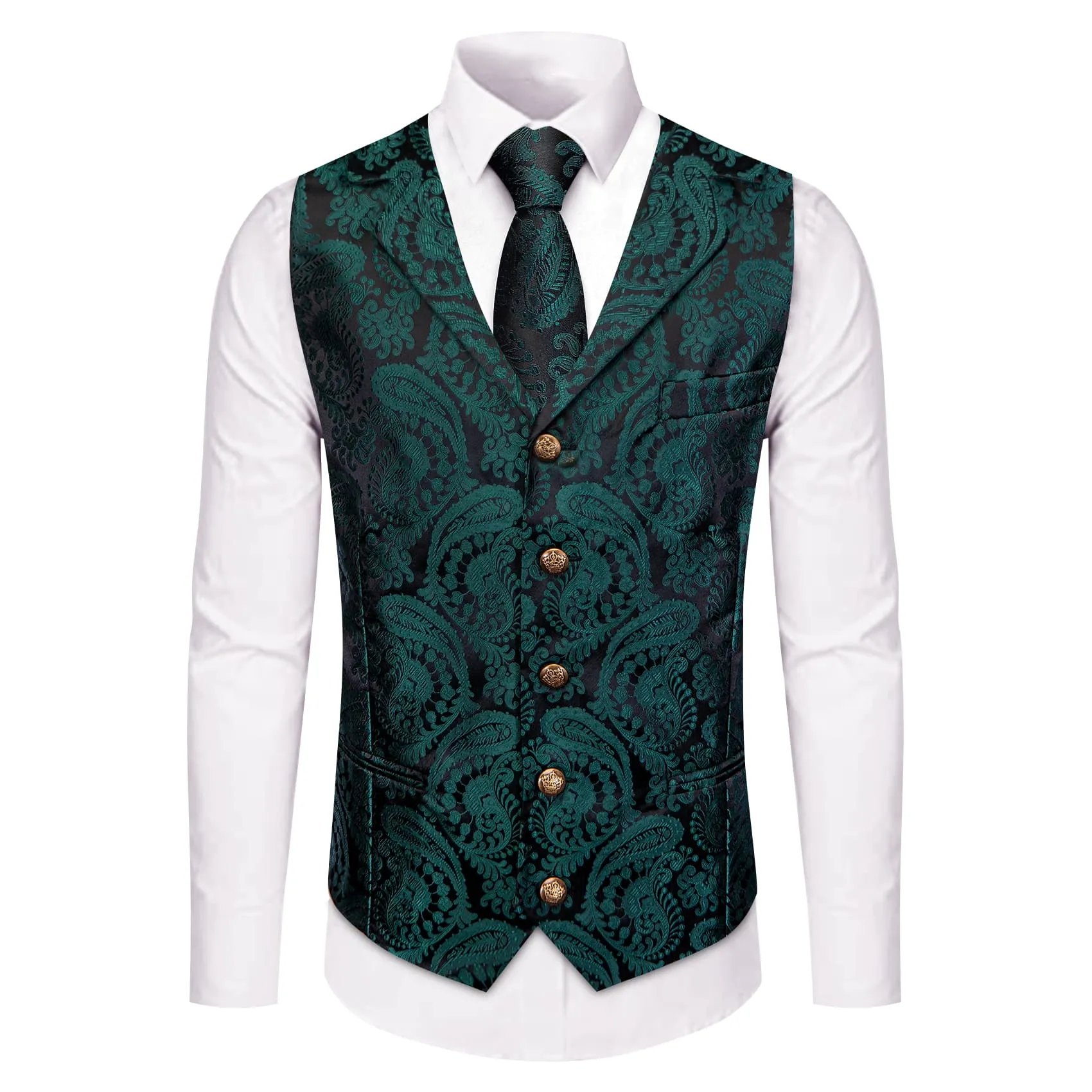 YourTies Black Green Paisley Wedding Waistcoat Silk Vest Necktie Set