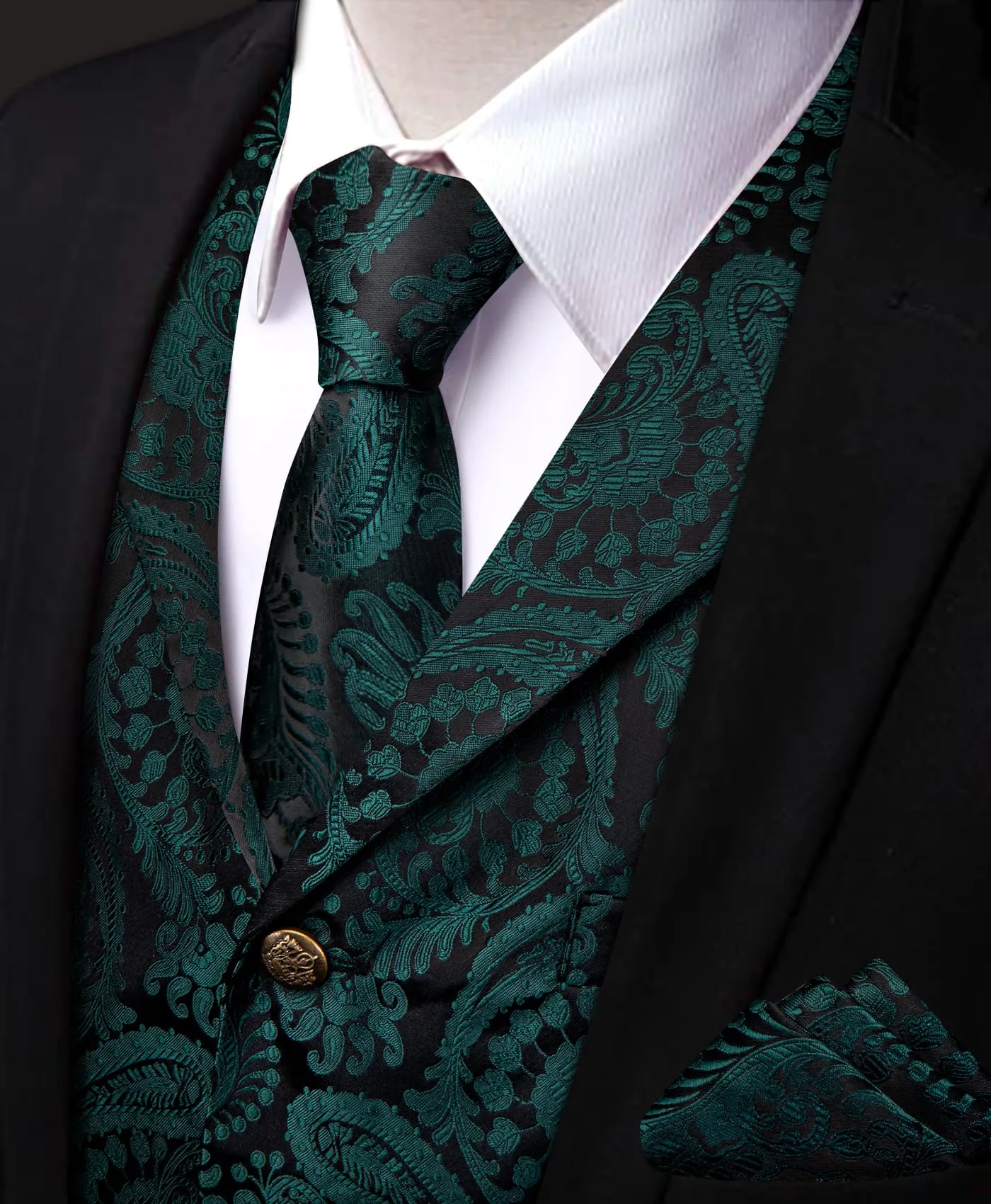 YourTies Black Green Paisley Wedding Waistcoat Silk Vest Necktie Set