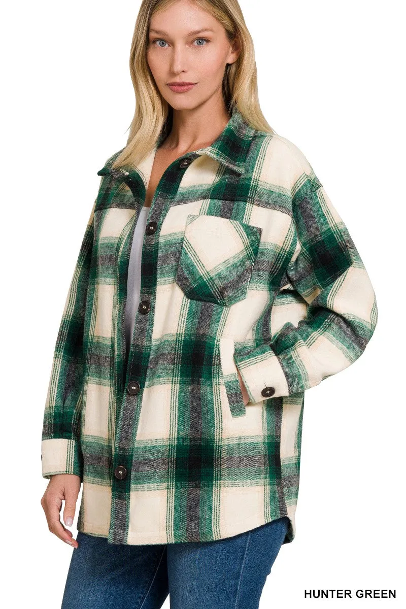 Zenana Oversized Yarn Dyed Plaid  Longline Shacket W/Pockets