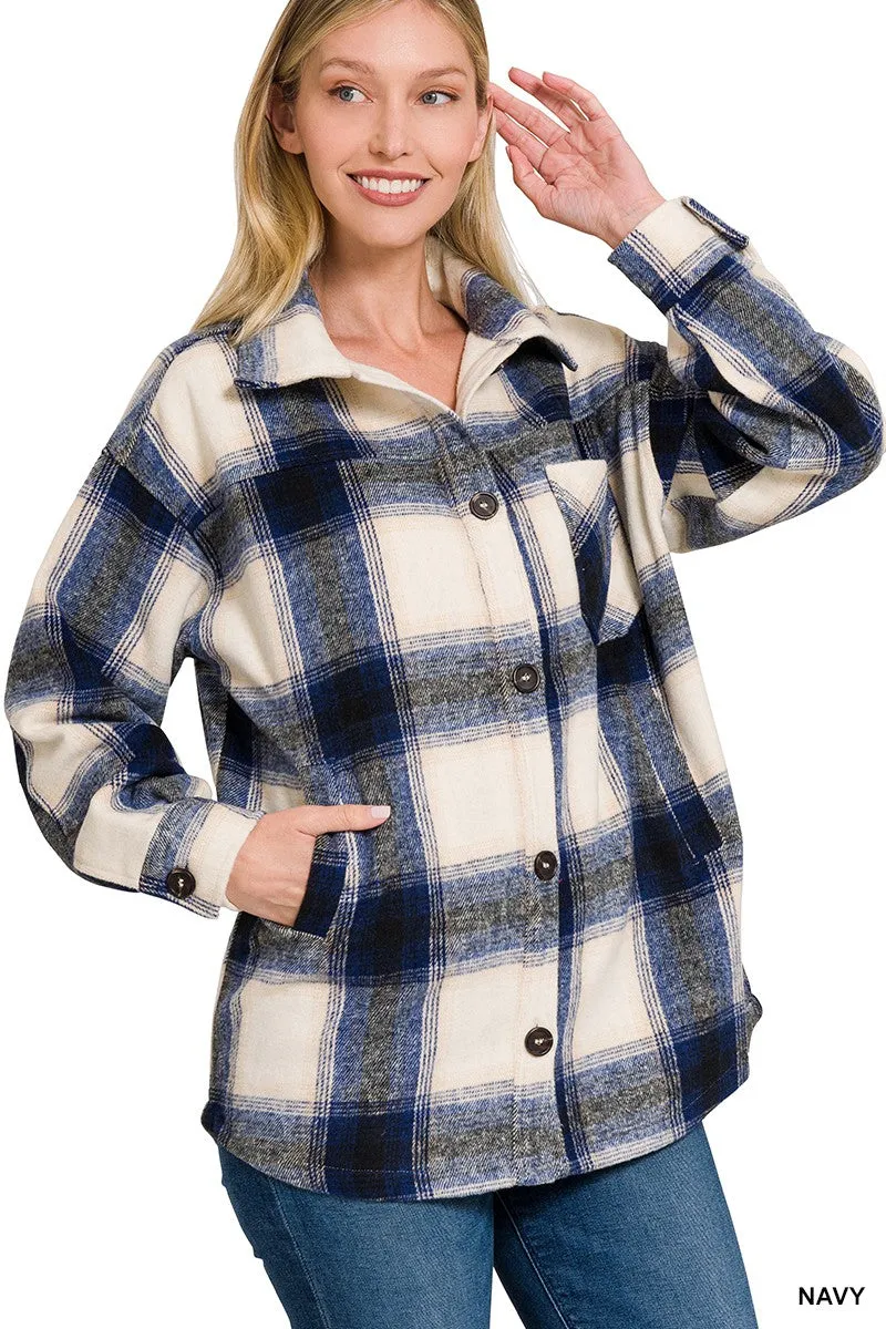 Zenana Oversized Yarn Dyed Plaid  Longline Shacket W/Pockets